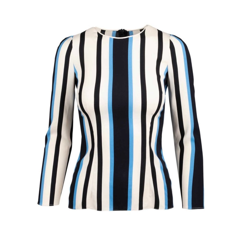 Dolce Gabbana White Blue Black Striped Silk Long Sleeve Blouse XS Small 38